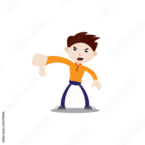 Angry-faced boy with thumbs down. Wearing an orange jacket, navy blue pants and sneakers. Flat character illustration isolated on white background.