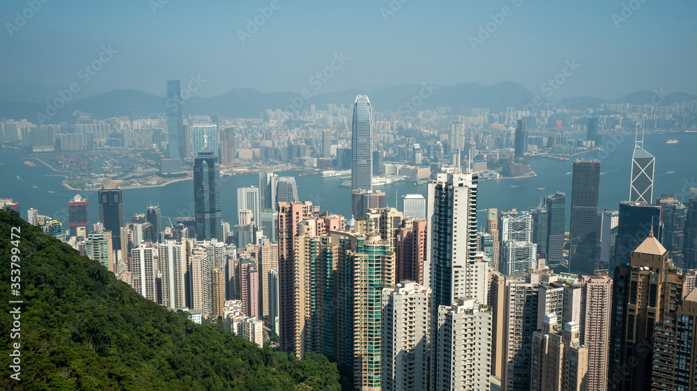 View from Victoria Peak of high rise buildings in Hong Kong