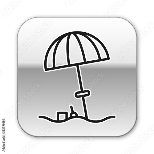 Black line Sun protective umbrella for beach icon isolated on white background. Large parasol for outdoor space. Beach umbrella. Silver square button. Vector Illustration.