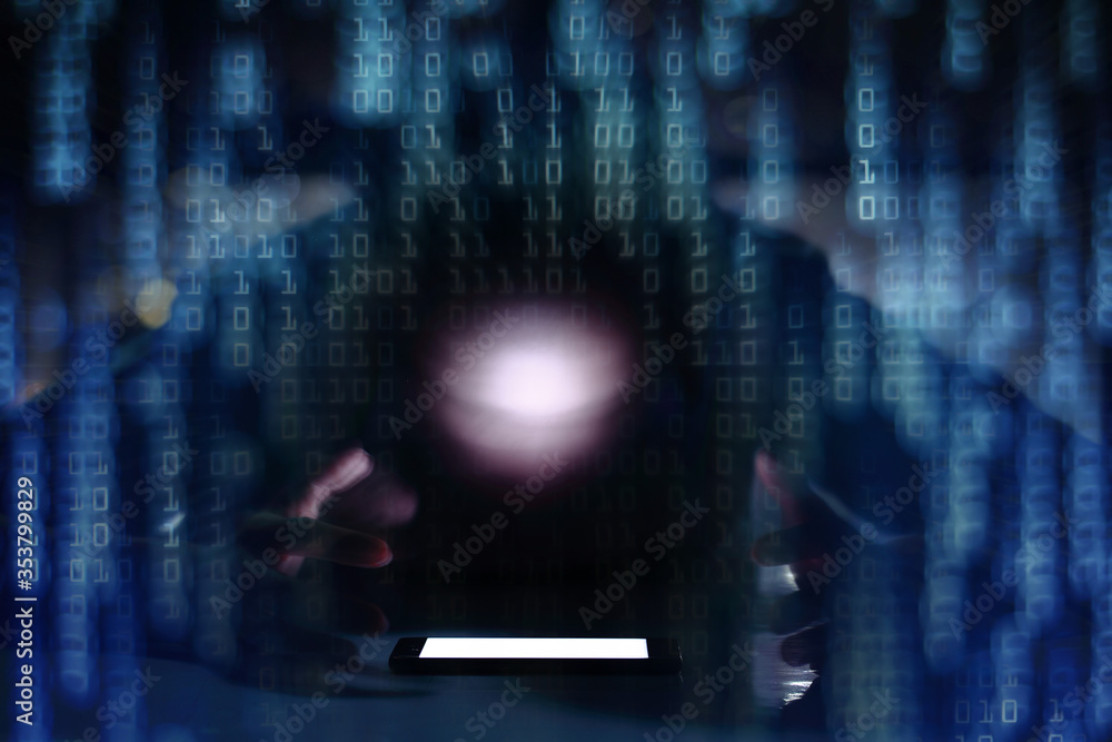 man with blur face focusing on a smartphone mobile device double ...