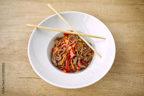 Stir fry noodles soba with beef