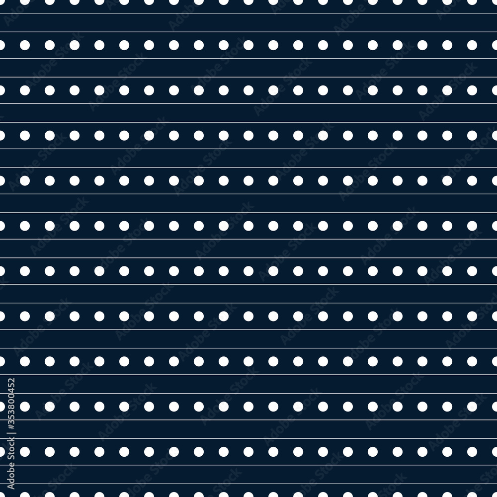 Seamless geometric graphics. White polka dots and lines arranged evenly on a dark, navy background. Vector illustration. Template swatch.