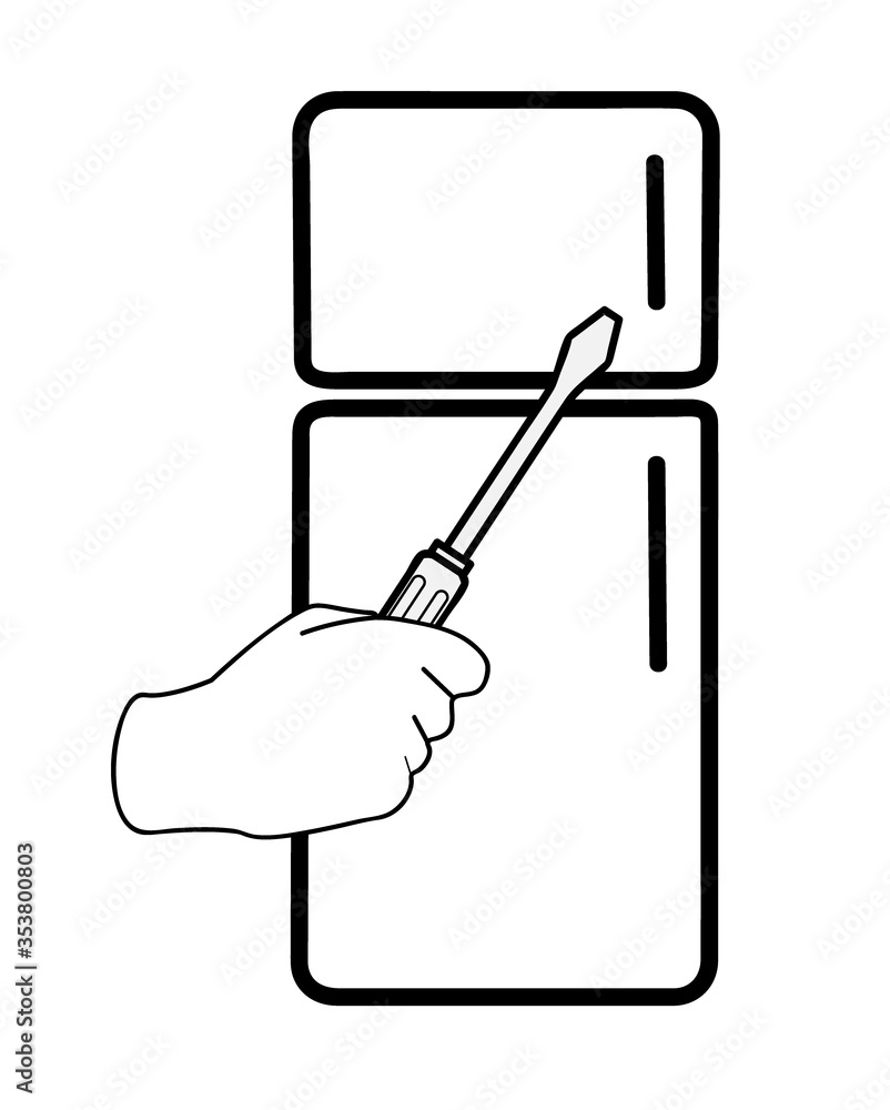 hand holds a screwdriver on the background of the refrigerator. refrigerator repair. flat design. vector illustration. hand holds a screwdriver on the background of the refrigerator. refrigerator repair. flat design. vector illustration.