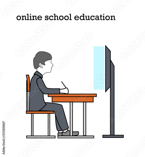 schoolboy sits at a desk in front of a computer. online education. education for the time of karate. vector illustration.