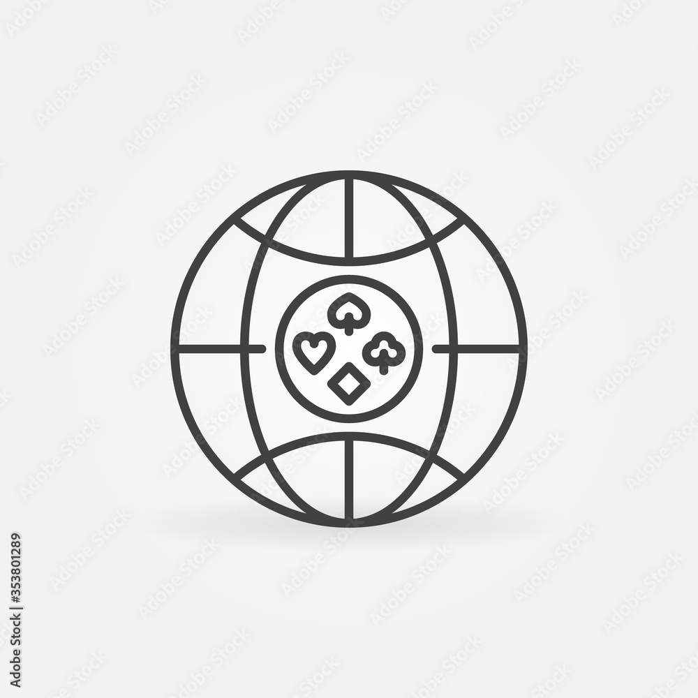 Earth with Playing Cards Suits line icon. Vector Online Poker concept linear symbol Earth with Playing Cards Suits line icon. Vector Online Poker concept linear symbol
