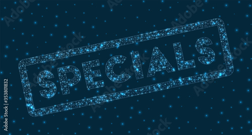 Specials word in digital style. Glowing geometric specials badge. Awesome vector illustration.