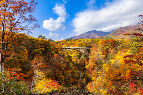 View of a bridge in crossing the Naruko Gorge near Sendai, Miyagi, Japan with trees with autumn color maple leaves all over the mountain in a sunny day photo