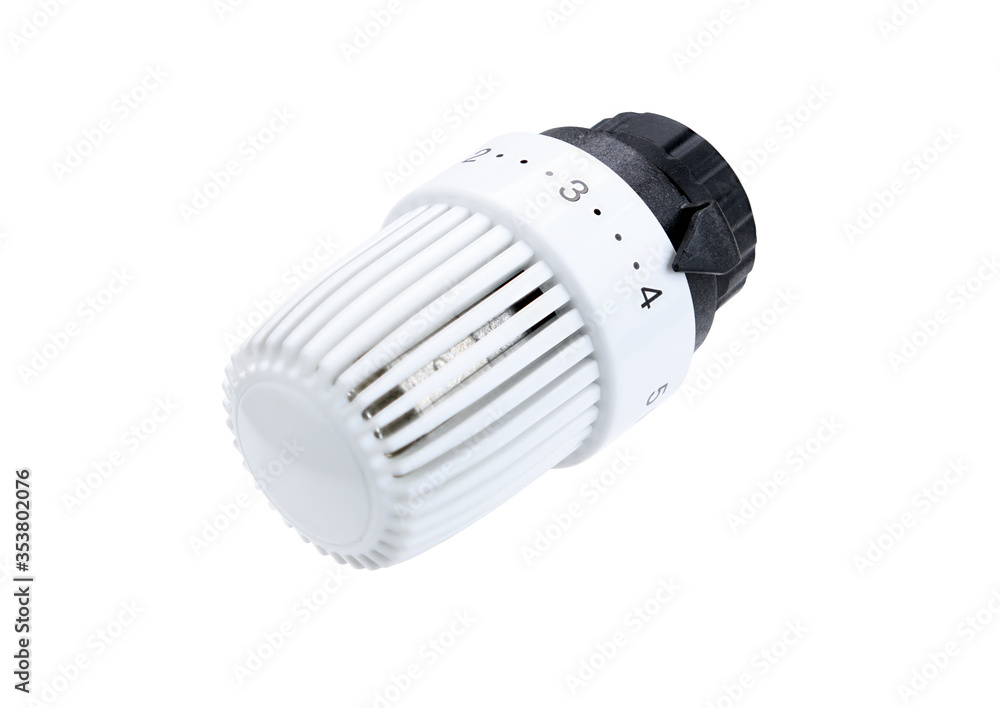 Thermostatic radiator valve closeup isolated on a white background. Stacking. Thermostatic radiator valve closeup isolated on a white background. Stacking.