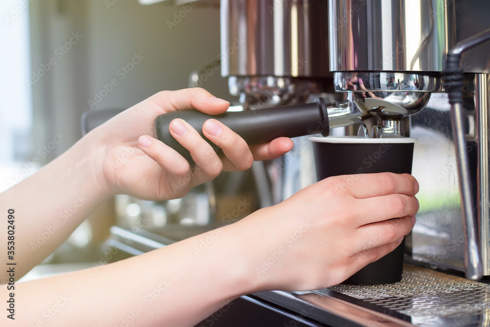 Barista Cafe Coffee Making Preparation Service Concept. prepares espresso in coffee shop; close-up. Close up of freshly ground coffee Barista Cafe Coffee Making Preparation Service Concept. prepares espresso in coffee shop; close-up. Close up of freshly ground coffee