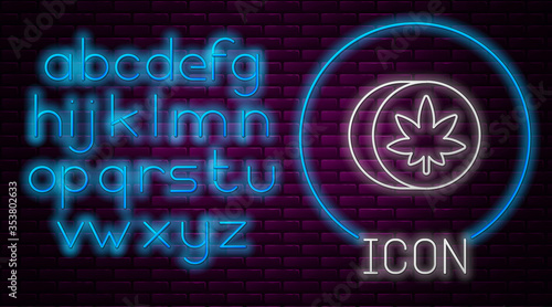 Glowing neon line Herbal ecstasy tablets icon isolated on brick wall background. Neon light alphabet. Vector Illustration.