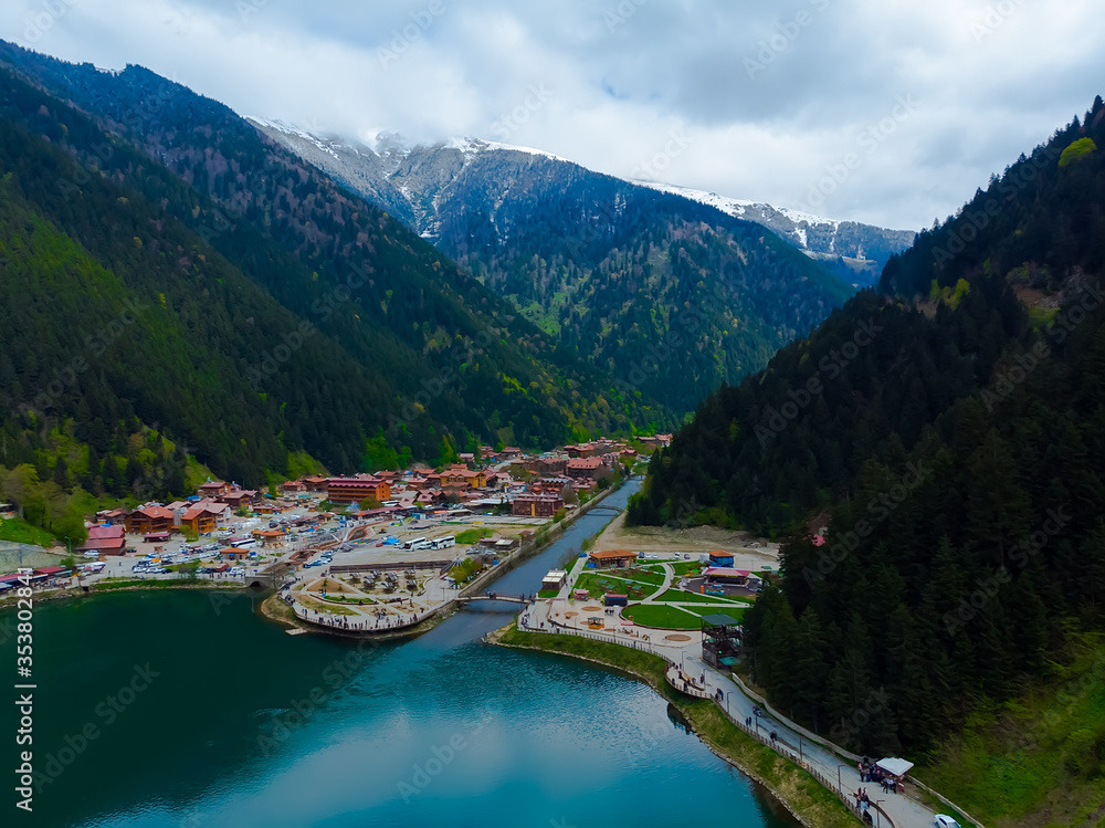 Drone view to the Uzungol tourist attractive destination in city of Trabzon Turkey