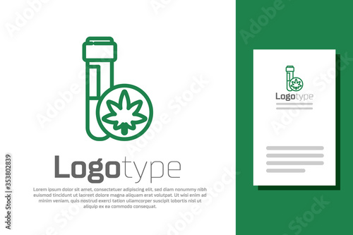 Green line Chemical test tube with marijuana or cannabis leaf icon isolated on white background. Research concept. Laboratory CBD oil. Logo design template element. Vector Illustration.