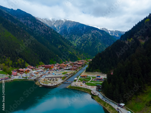 Drone view to the Uzungol tourist attractive destination in city of Trabzon Turkey