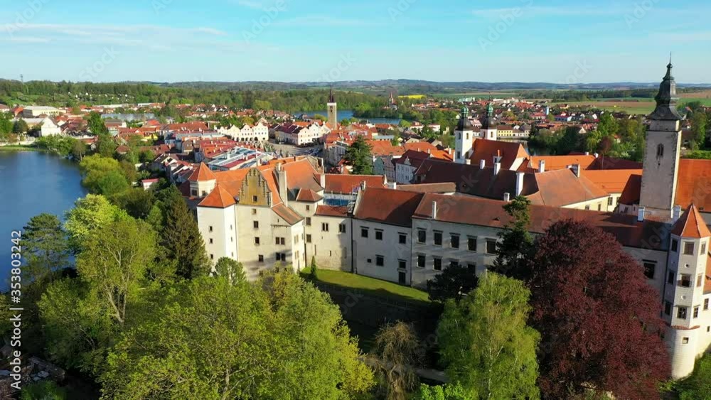 Aerial landscape of small Czech town of Telc with famous Main Square (UNESCO World Heritage Site). Aerial panorama of old town Telc, Southern Moravia, Czechia. Historic centre of Telc, Czech Republic. Aerial landscape of small Czech town of Telc with famous Main Square (UNESCO World Heritage Site). Aerial panorama of old town Telc, Southern Moravia, Czechia. Historic centre of Telc, Czech Republic.