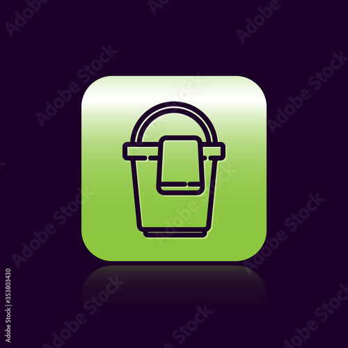 Black line Bucket with rag icon isolated on black background. Cleaning service concept. Green square button. Vector Illustration.