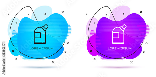 Line Plastic bottles for laundry detergent, bleach, dishwashing liquid or another cleaning agent icon isolated on white background. Abstract banner with liquid shapes. Vector Illustration.
