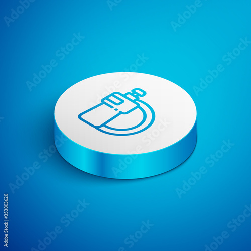 Isometric line Dishwashing liquid bottle and plate icon isolated on blue background. Liquid detergent for washing dishes. White circle button. Vector Illustration