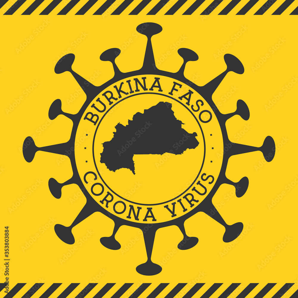 Corona virus in Burkina Faso sign. Round badge with shape of virus and Burkina Faso map. Yellow country epidemy lock down stamp. Vector illustration.
