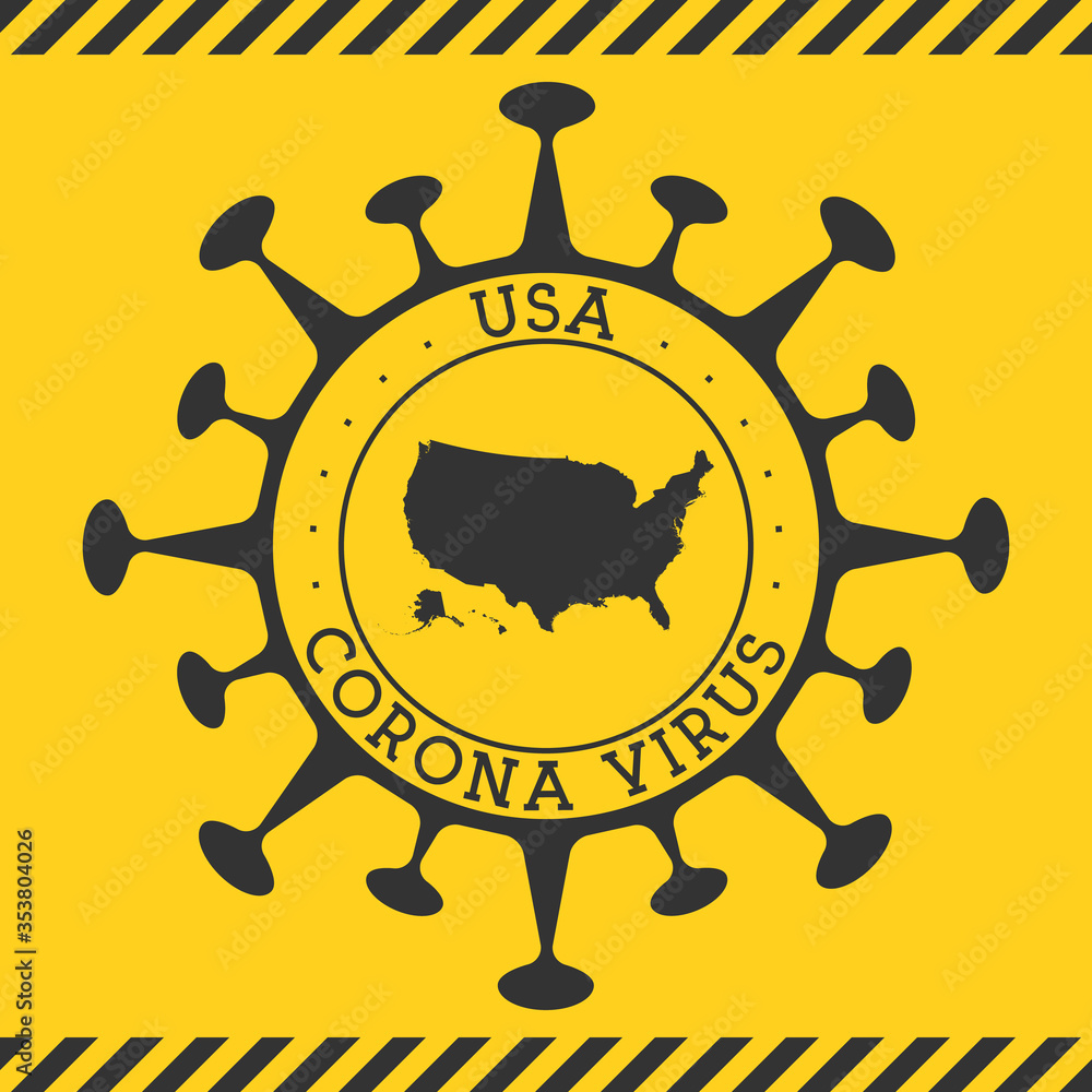 Corona virus in USA sign. Round badge with shape of virus and USA map. Yellow country epidemy lock down stamp. Vector illustration.