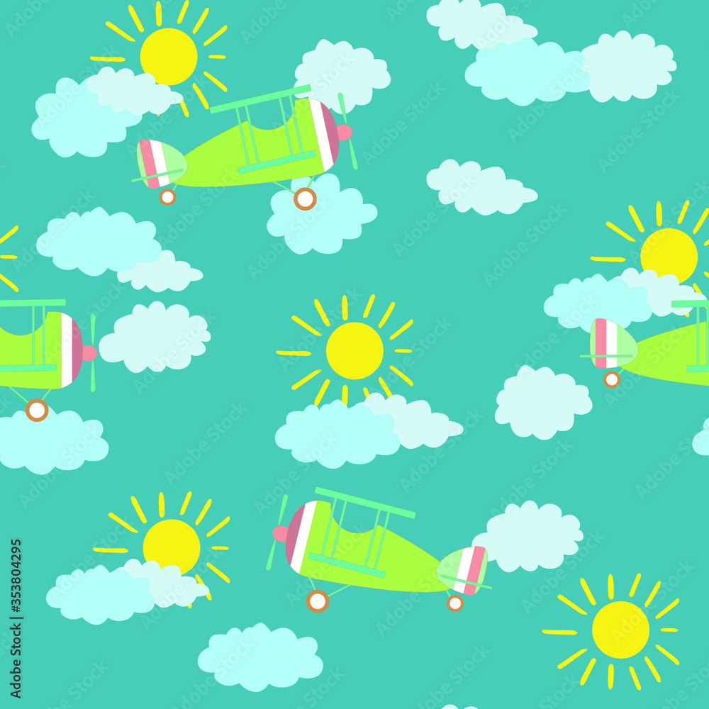 Naklejka premium Seamless vector pattern of children's drawing. House, clouds, trees. Line vector drawing. Drawn by a child. Suitable for children's room decoration, fabric, decor. Doodle style.