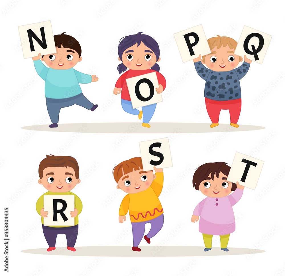 Vector set alphabet. Cartoon children are holding signboards. N-T.
