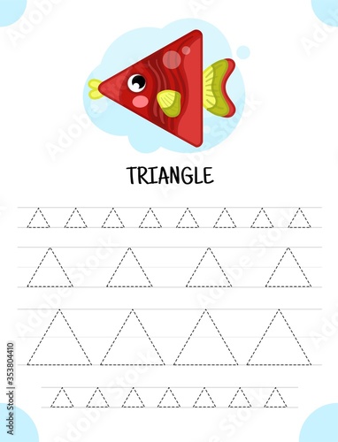 Handwriting practice sheet. Basic writing. Educational game for children.  Geometric forms. Triangle.