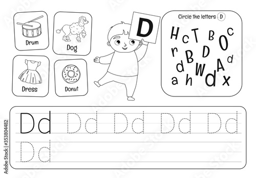 Kids learning material. Worksheet for learning alphabet. Letter D. Black and white.