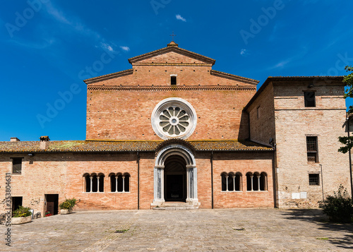 Abbey of Chiaravalle di Fiastra , Cistercian abbey, main entrance, arcades in Lombard Romanesque style,polychrome marbles