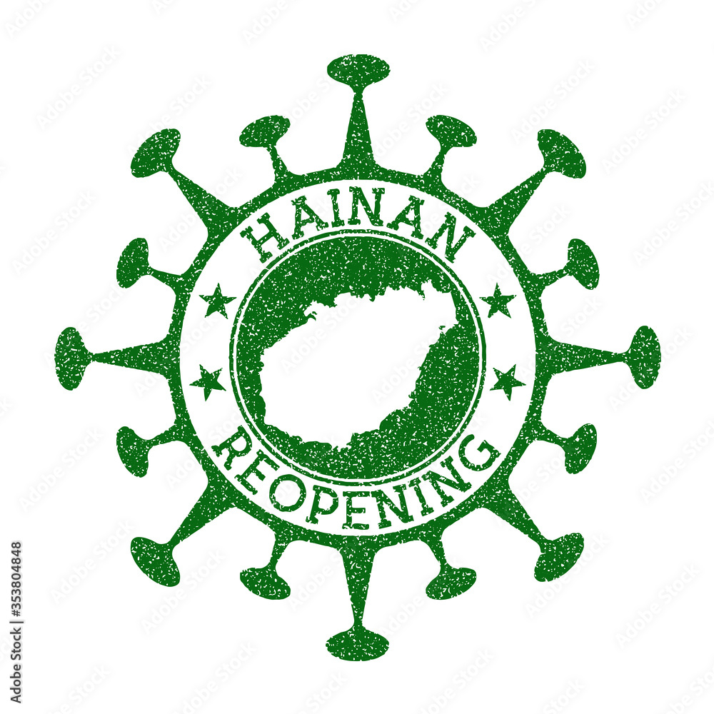 Hainan Reopening Stamp. Green round badge of island with map of Hainan. Island opening after lockdown. Vector illustration.