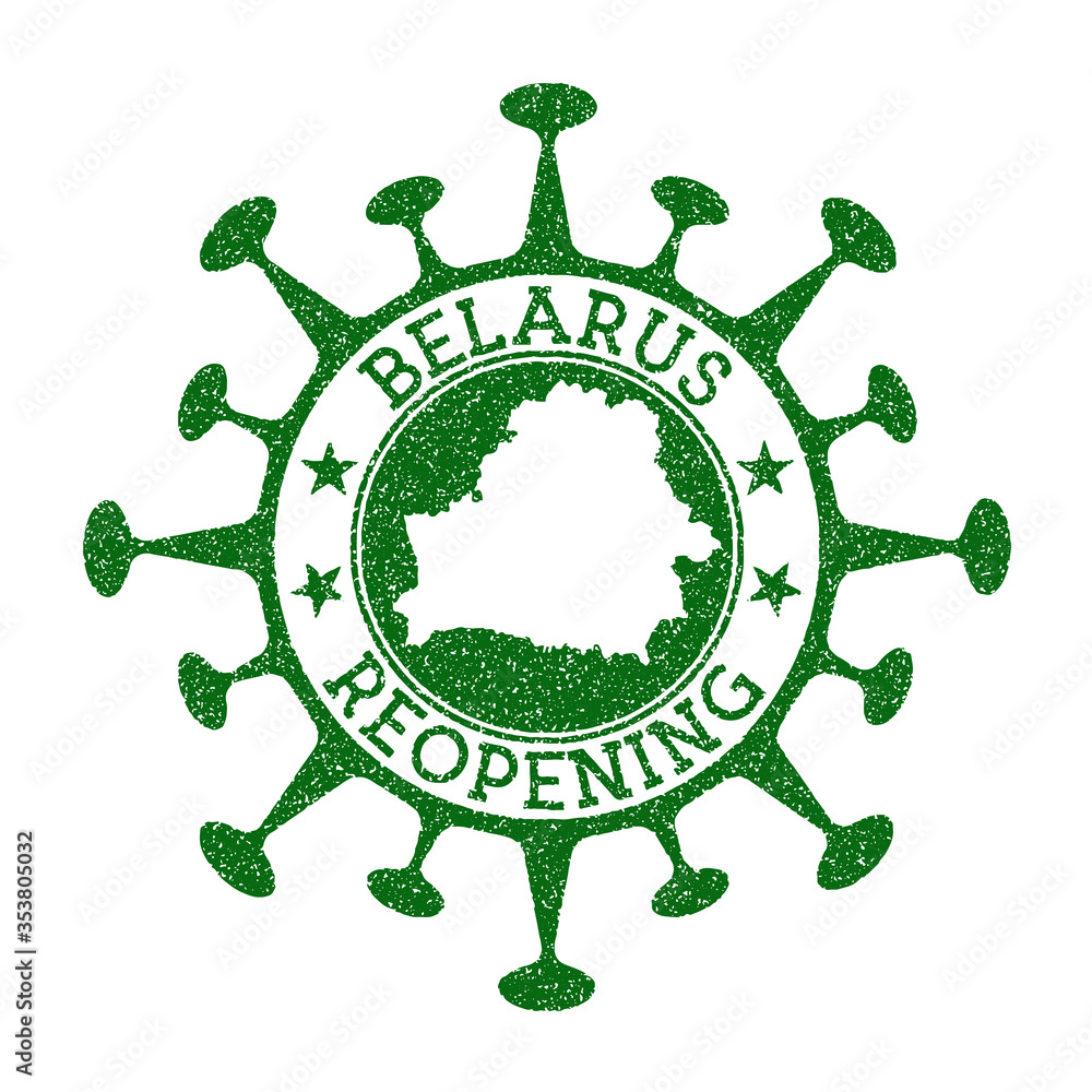 Belarus reopening stamp. Green round badge of country with map of Belarus. Country opening after lockdown. Vector illustration. Belarus reopening stamp. Green round badge of country with map of Belarus. Country opening after lockdown. Vector illustration.