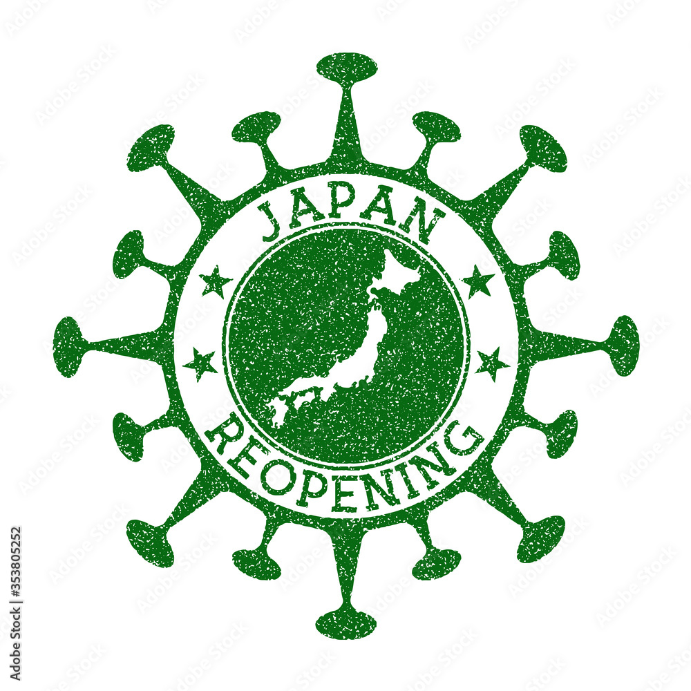 Japan reopening stamp. Green round badge of country with map of Japan. Country opening after lockdown. Vector illustration. Japan reopening stamp. Green round badge of country with map of Japan. Country opening after lockdown. Vector illustration.