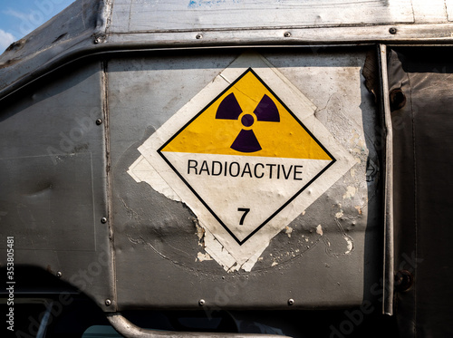 Radiation warning sign on the Dangerous goods transport label Class 7 at the transport truck