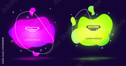Line Kitchen colander icon isolated on black background. Cooking utensil. Cutlery sign. Abstract banner with liquid shapes. Vector Illustration