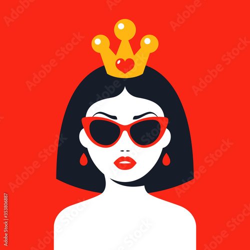 modern girl with a crown and glasses on a red background. Flat character vector illustration.