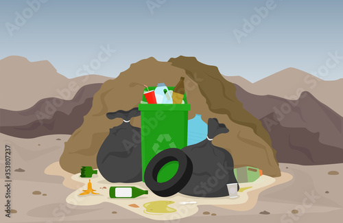 Garbage dump vector illustration. Waste landscape background.