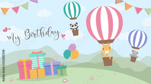Happy Birthday cartoon card with air balloons,Vector Illustration,Birthday greeting cards with cute animals,Funny animals on hot air balloon