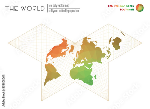 Abstract geometric world map. Collignon butterfly projection of the world. Red Yellow Green colored polygons. Creative vector illustration.