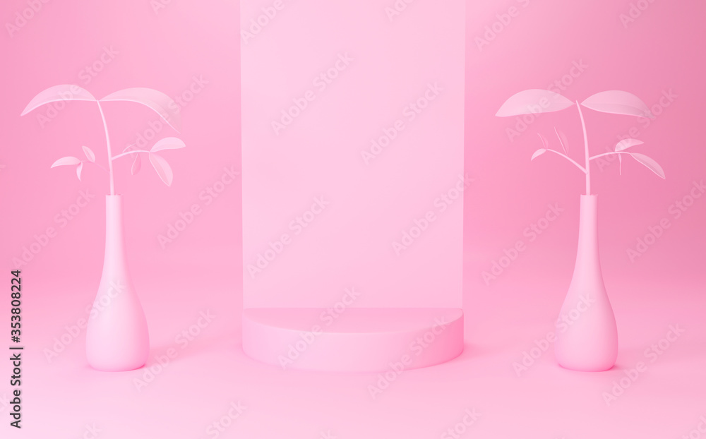 Abstract geometric shapes with tropical plant leaves. 3d pastel podium on pink background. 3d rendering for mockup, banner, showcase, display. Creative idea minimal scene. Valentines theme design. Abstract geometric shapes with tropical plant leaves. 3d pastel podium on pink background. 3d rendering for mockup, banner, showcase, display. Creative idea minimal scene. Valentines theme design.