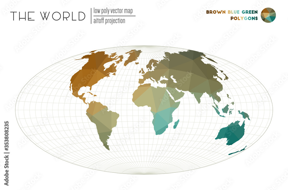 Polygonal map of the world. Aitoff projection of the world. Brown, Blue, Green colored polygons. Neat vector illustration. Polygonal map of the world. Aitoff projection of the world. Brown, Blue, Green colored polygons. Neat vector illustration.