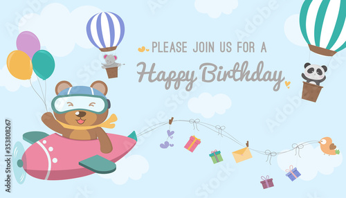hot air balloon birthday card template vector/illustration,Birthday greeting cards with cute animals. Funny animals on hot air balloon,Vector illustration.