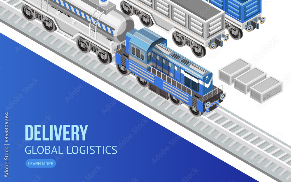 Vector design in isometry of modern webpage with global logistics presentation showing driving train Vector design in isometry of modern webpage with global logistics presentation showing driving train
