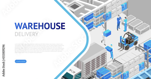 Contemporary webpage design in isometry showing information about warehouse delivery