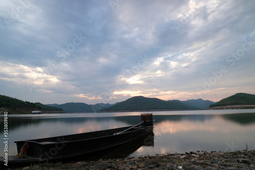 beautiful boat on lake view and sunset 