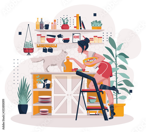 A nice girl in a cozy kitchen makes a salad of fresh vegetables. Fluffy pet cat girl's favorite stands on the table. The girl stretches to kiss the cat. Nice vector illustration.