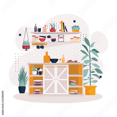 The interior of the cozy kitchen with a shelf and plants.  
