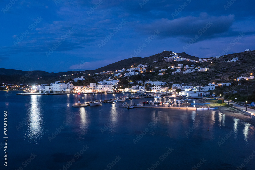 Evening view on old port on Ios island in Cyclades archipelago in Greece  in Mediterranean