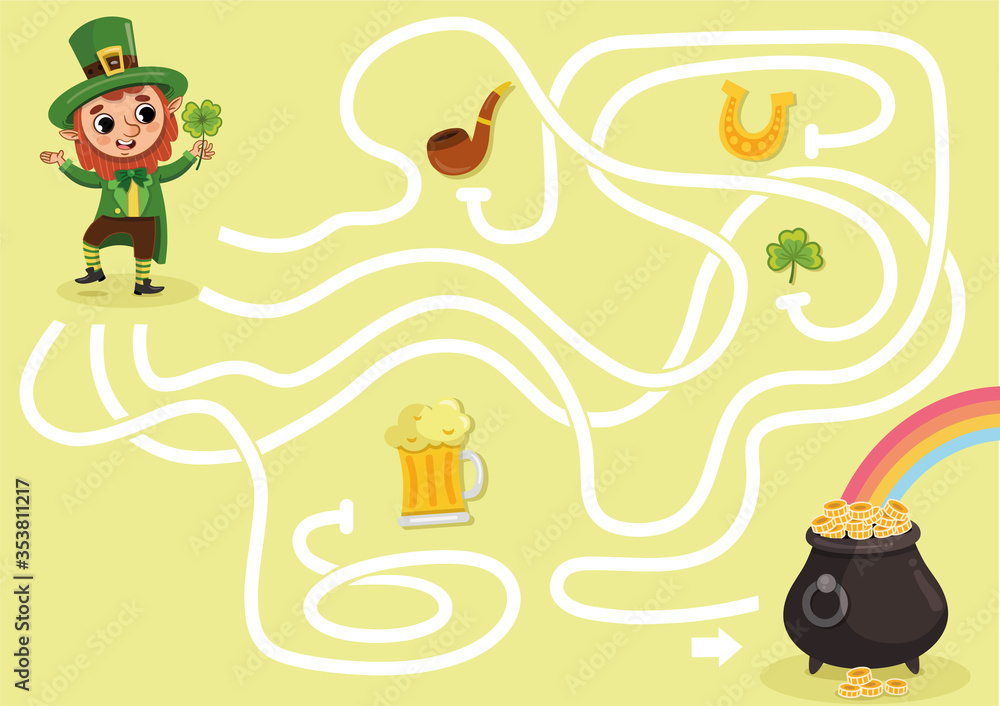 Fototapeta premium Leprechaun maze game for kids. Vector illustration.
