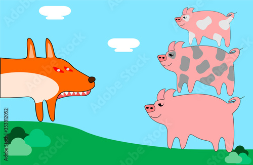 fairy tale Three Little Pigs with wolf. cartoon vector illustrations. 