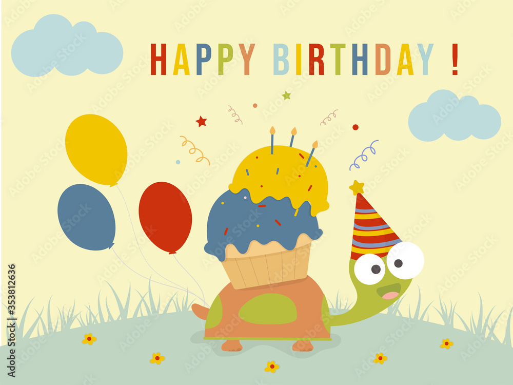 Obraz premium Turtles have cupcakes and balloons walking in the jungle to a birthday party. Vector illustrator. Party invitation card. Birthday party set cartoon.