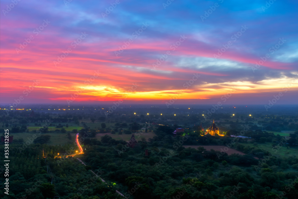 Beautiful scenery view during sunrise at Bagan in Myanmar.